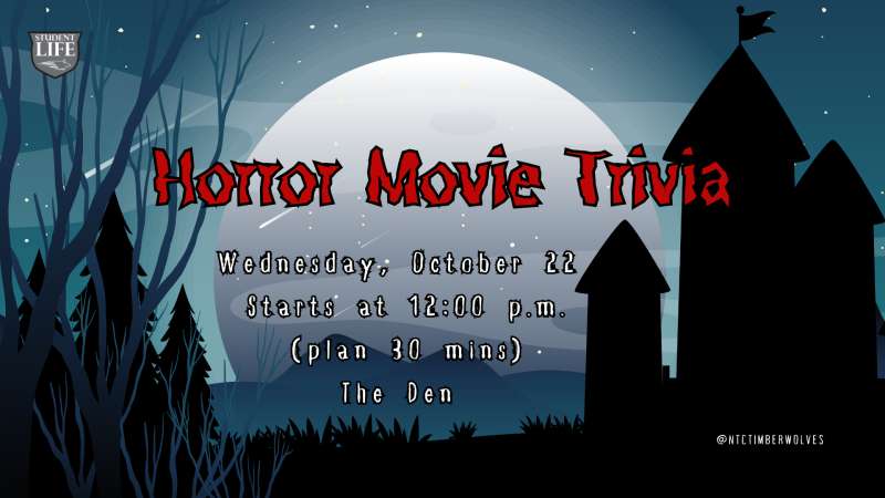 Drawing of a spooky full moonlit night with a castle and trees, featuring "Horror Movie Trivia" in red text. A small CSC logo is top left.