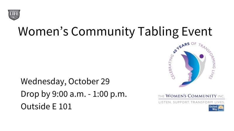 Women's Community Tabling Event, October 29, 9 AM - 1 PM, outside E 101. Features The Women's Community 40th anniversary logo.