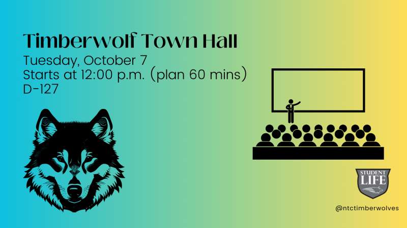 Event details for Timberwolf Town Hall: October 7, 12 PM, D-127. Features a black wolf drawing and an icon of a presenter with an audience.