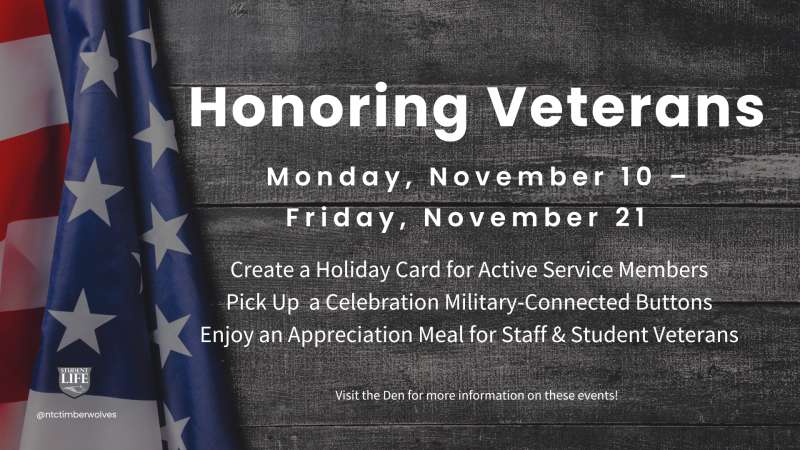 Honoring Veterans event graphic with a U.S. flag on a dark wood background, detailing activities from November 10-21.