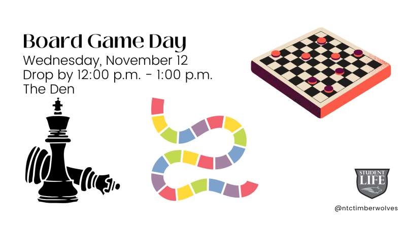 Board Game Day event details with illustrations of chess pieces, a checkerboard, and a winding colorful game path. Includes a logo.