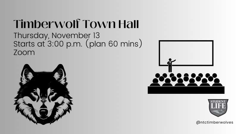 Timberwolf Town Hall invitation: Thursday, November 13, 3 p.m. on Zoom. Features wolf drawing, meeting illustration, and LIFT logo.