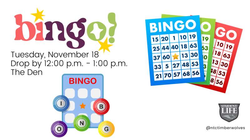 Bingo event flyer: Tuesday, November 18, 12-1 PM at The Den, with colorful Bingo cards, balls, and a Residential Life logo.