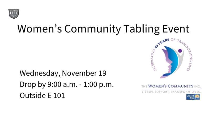 Flyer for Women's Community Tabling Event: Wednesday, November 19, 9 AM - 1 PM, Outside E 101. Features The Women's Community Inc. butterfly logo.