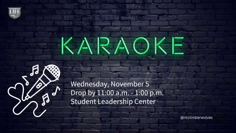 Green neon "KARAOKE" sign on a brick wall, with a white microphone drawing. Event: Wednesday, November 5, 11am-1pm, Student Leadership Center.