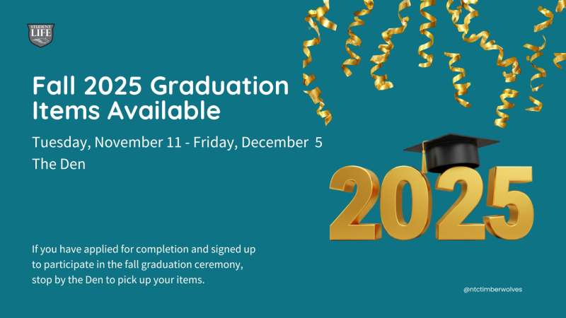 University logo, golden confetti, and a graduation cap on '2025' announce Fall 2025 graduation item pickup, Nov 11-Dec 5, The Den.