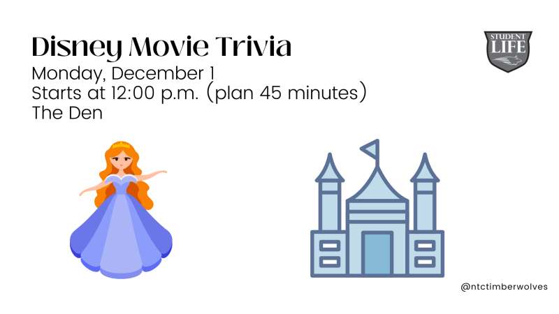Disney Movie Trivia event announcement with Student Life logo. Features drawings of a red-haired princess in a blue gown and a blue castle.