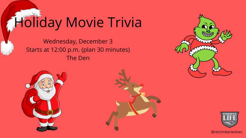 Holiday Movie Trivia event announcement on a red background, featuring cartoon drawings of Santa, a leaping reindeer, and the Grinch in a Santa coat.