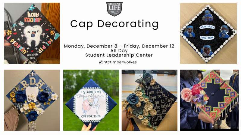 Advertisement for a "Cap Decorating" event, showcasing six diverse examples of creatively adorned graduation caps with themes like dental, medical, and abstract designs.