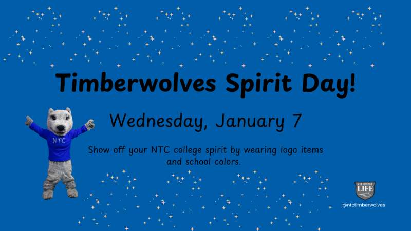 Blue background with white speckles. Cartoon timberwolf mascot in blue shirt for "Timberwolves Spirit Day! Wednesday, January 7.