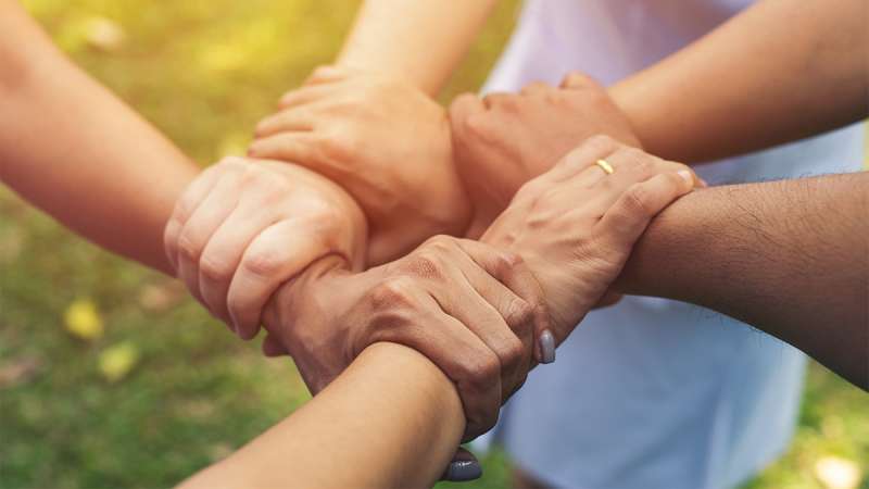 Close-up of diverse hands clasped together in a circle, bathed in warm sunlight against a blurred green outdoor background.