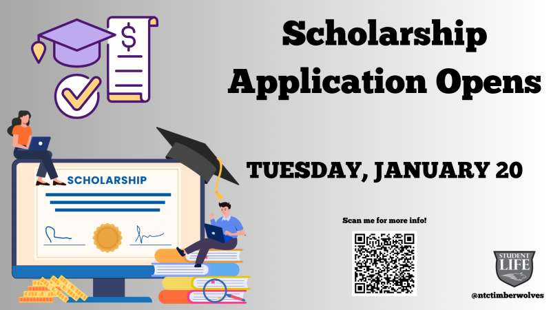 Banner announcing scholarship applications open Tuesday, January 20, with illustrated laptop and students, graduation cap and checklist icons, QR code and institutional logo.