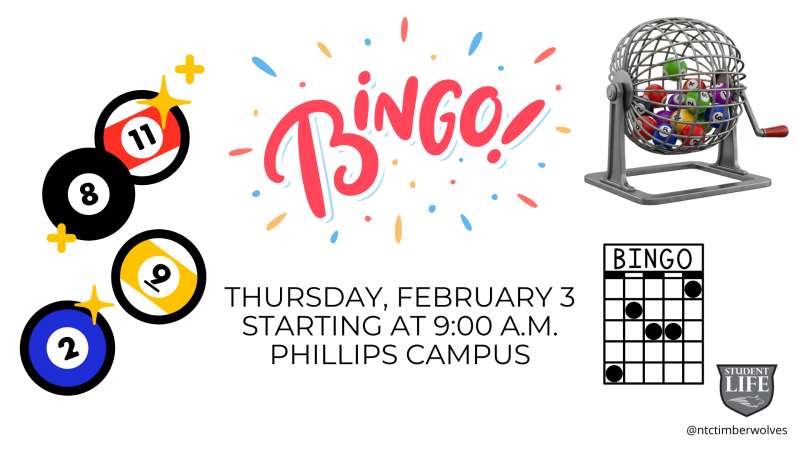 Colorful bingo announcement: pink "BINGO!" lettering, numbered balls and metal cage with multicolored balls; text reads Thursday Feb 3, 9:00 a.m., Phillips Campus.