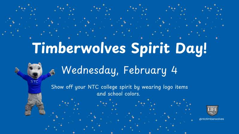 Blue confetti background with cartoon timberwolf mascot in blue shirt waving; white text "Timberwolves Spirit Day!" and "Wednesday, February 4" with small college logo.
