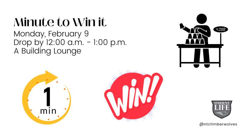 Flyer for "Minute to Win It" event: stick-figure playing cup game, yellow one-minute timer icon, red "WIN!" sticker, date/time and lounge location.