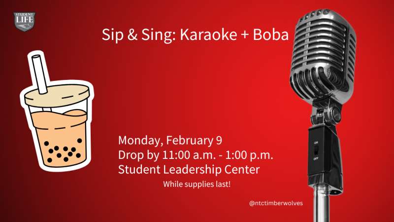 Red Sip & Sing karaoke + boba graphic with illustrated boba cup and microphone — Monday, February 9, 11:30 a.m.–1:00 p.m., Student Leadership Center, Wacker Hall.