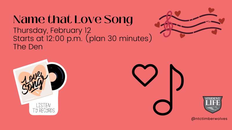 Pink event flyer titled "Name That Love Song" — Thursday Feb 7, 12:00 p.m.; decorative musical notes, heart and music-note icons, vinyl record and small stickers.