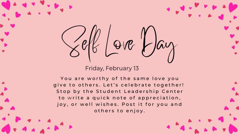 Pink event flyer reading "Self Love Day" in black script, small event details beneath, decorative scattered pink hearts along the top corners.