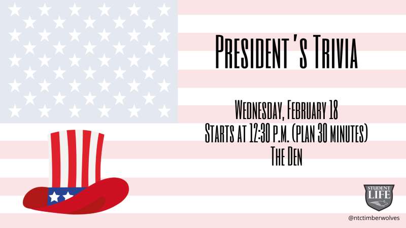 American flag–style background with pale pink stripes and white stars, bold "President's Trivia" heading, red-white-blue Uncle Sam top hat illustration and small organizer logo.