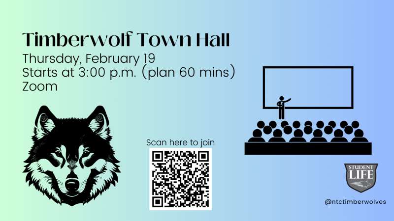 Teal-gradient Timberwolf Town Hall flyer: event details, QR code, stylized wolf head logo left, illustrated speaker at podium and seated audience, small LIFE logo.