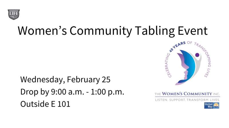 Simple white flyer titled "Women's Community Tabling Event" with event details (Wednesday, February 25; 9:00 a.m.–1:00 p.m.; Outside E101) and two colorful organizational logos on the right.