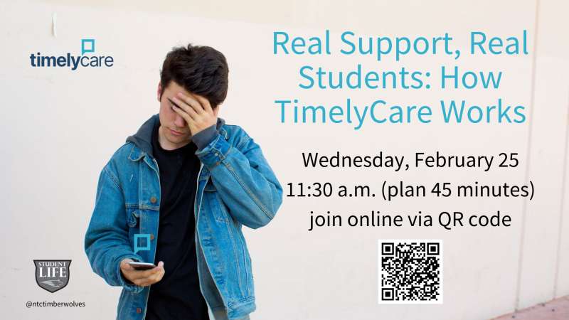 Student holds their forehead while working at their phone in a pained way. There is an overlay of event info.