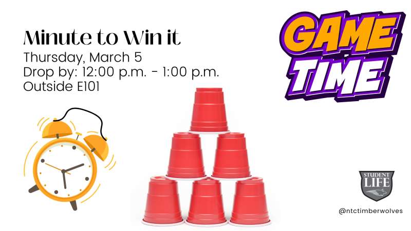 An alarm clock rings next to a pyramid of stacked cups while GAME TIME is proclaimed across the top.