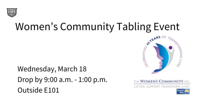 White flyer titled "Women's Community Tabling Event" with event details (Wednesday, March 18; Drop by 9:00 a.m.–1:00 p.m.; Outside E101) and The Women's Community logo on the right