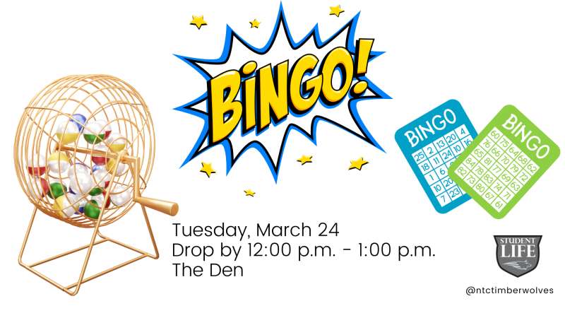 Colorful bingo flyer showing a spinning cage with numbered balls, comic-style BINGO burst, three green bingo cards, Bingo is on Tuesday, March 24 from 12:00 p.m. - 1:00 p.m.
