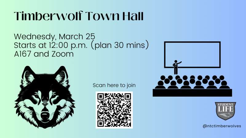Teal poster announcing Timberwolf Town Hall, March 25 at 12:00 p.m., location A167 and Zoom; wolf head logo, QR code, speaker and audience illustration.