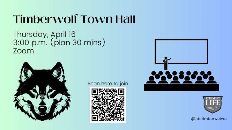 Timberwolf Town Hall announcement: date and time details, large stylized wolf logo left, QR code to join, and illustrated livestream stage with speaker and seated audience labeled LIVE.