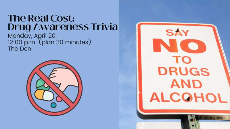 Blue flyer with crossed-out syringe and pill icon and anti-drug text; beside white road sign framed in orange stating "SAY NO TO DRUGS AND ALCOHOL."