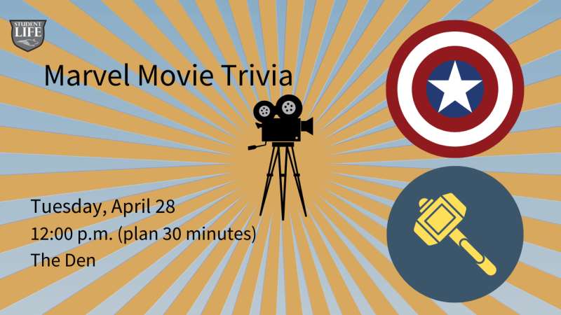 Playful retro sunburst banner announcing "Marvel Movie Trivia" with vintage film camera silhouette, Captain America shield graphic, gavel icon, and event details at lower left.