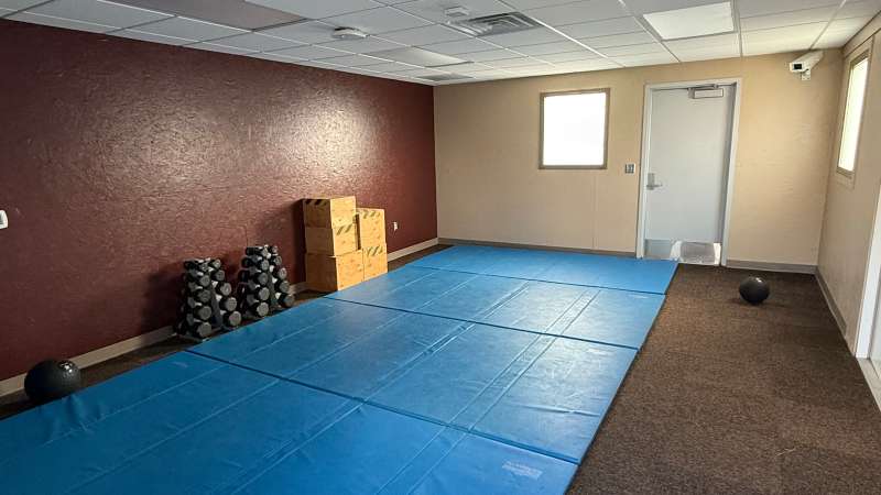 Small room with blue floor mats, stacked wooden blocks, kettlebell and medicine ball near a door and window.