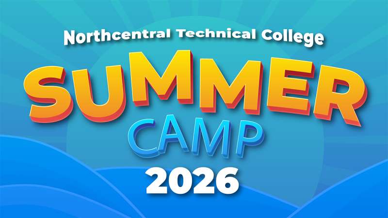 Bright teal sunburst background with layered blue waves, bold 3D yellow-orange SUMMER, smaller blue CAMP and white 2026.