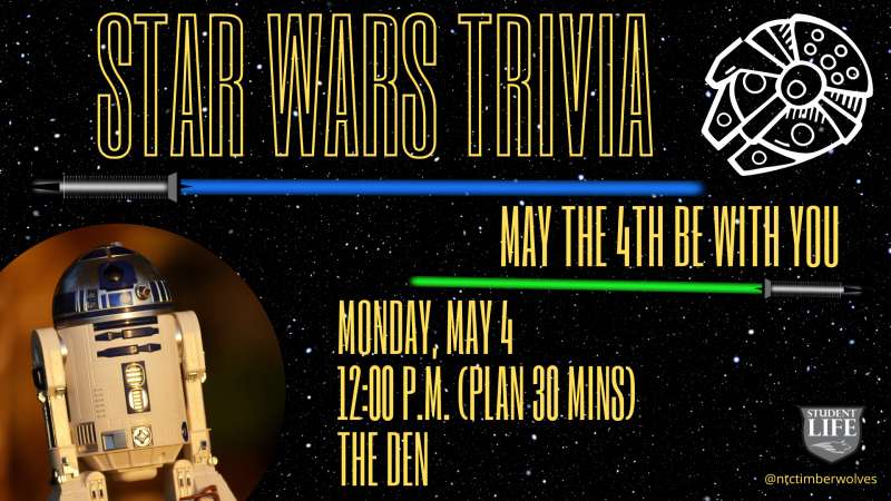 Star Wars Trivia banner: yellow headline, Millennium Falcon drawing, R2-D2 in gold circular frame, event details "May 4, 12:00 PM" on black background.