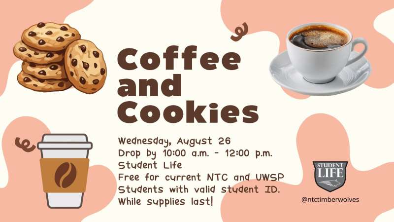 'Coffee and Cookies' flyer: stacked chocolate-chip cookies left, steaming coffee cup right on peach background; event date, time, and location listed below.