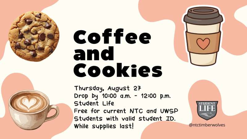 Colorful flyer announcing Coffee and Cookies: illustrated chocolate chip cookie, takeout and latte cups on cream background with brown blotches.