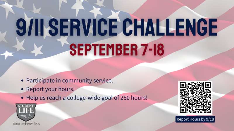 Waving American flag background with bold text "9/11 Service Challenge — September 7–18", bullets encouraging community service, reporting hours, and a QR code.