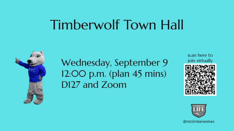 Turquoise town-hall flyer titled "Timberwolf Town Hall" with waving wolf mascot, event date/time and location text, QR code and small school crest.