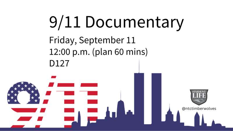 Poster reading '9/11 Documentary' with event details; stylized navy skyline and twin towers in flag-inspired red, white, blue stripes; small institutional logo top-right.