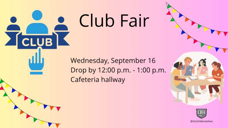 Colorful club fair flyer with pastel pink-to-yellow gradient background, illustrated people icons and students at tables, decorative bunting, and event details in black text.