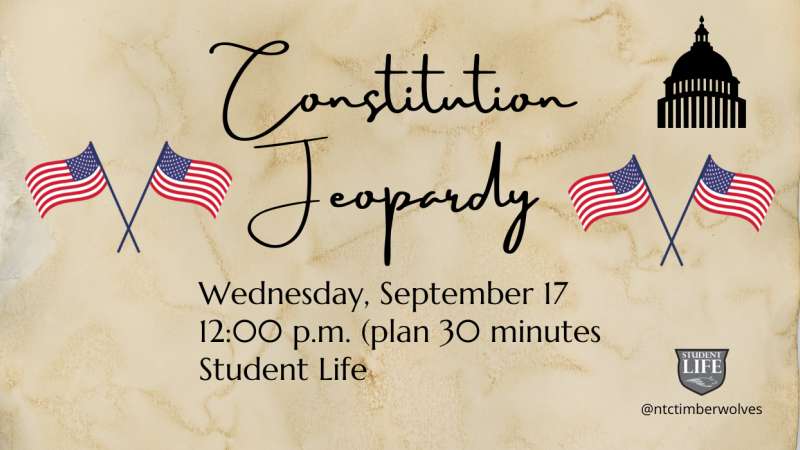 Vintage parchment background reading "Constitution Jeopardy" in script, US Capitol dome silhouette, five small American flags, event: Wednesday Sept 17, 12:00 p.m., Student Life