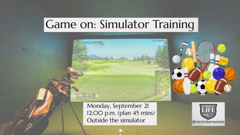 person swinging a golf club inside an indoor simulator bay with large screen showing a golf course; colorful sports-ball cartoon and university logo