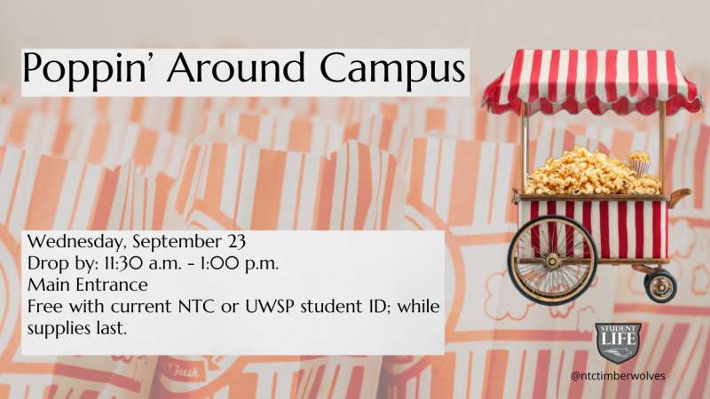 Campus event poster titled "Poppin' Around Campus" with an illustrated red-striped popcorn cart, beige striped background, event date/time details, and two small university logos.