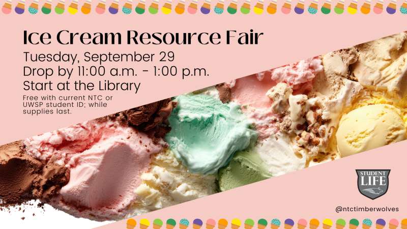Colorful banner promoting Ice Cream Resource Fair, Tuesday Sept 29, 11:00 a.m.–1:00 p.m., starting at the library; pastel ice cream scoops and institutional logo.