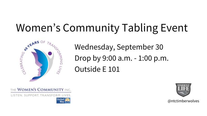 Women’s Community Tabling Event; circular rainbow logo; Wednesday, September 30, drop by 9:00 a.m.–1:00 p.m., outside E101; two small organization logos.