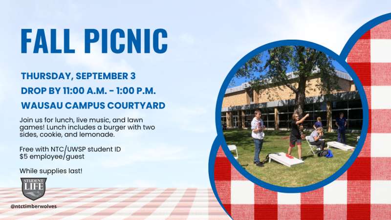 Blue-and-red campus flyer titled Fall Picnic with circular photo of students sitting on a lawn picnic blanket, trees, and picnic tables, event details at left
