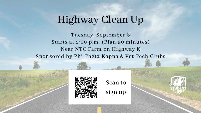 Fall Highway Clean Up event graphic promoting the annual community cleanup along NTC’s adopted stretch of Highway K. Event is Tuesday, September 8, from 2–3:45 p.m., with an ice cream party to follow. Advance registration is required.