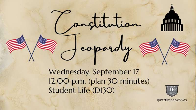 Vintage parchment flyer with cursive "Constitution Jeopardy" title, Capitol dome silhouette, five small US flags, event details and small organizational logos.